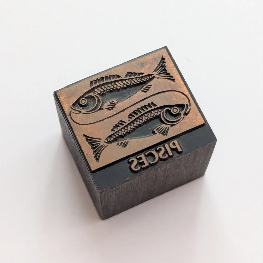 Vintage Metal & Wood Letterpress Printing Block Pisces Zodiac Astrology Two Fish